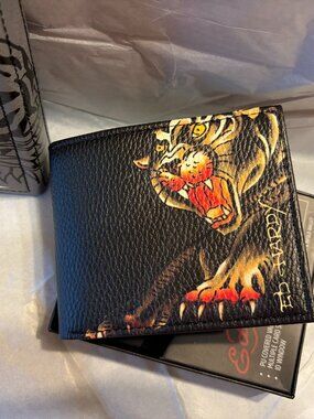Ed Hardy Black Panther Wallet Black Leather Graphic Bifold